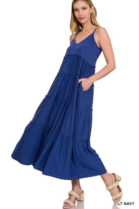 V-NECK CAMI MAXI TIERED DRESS WITH SIDE POCKETS in LT NAVY