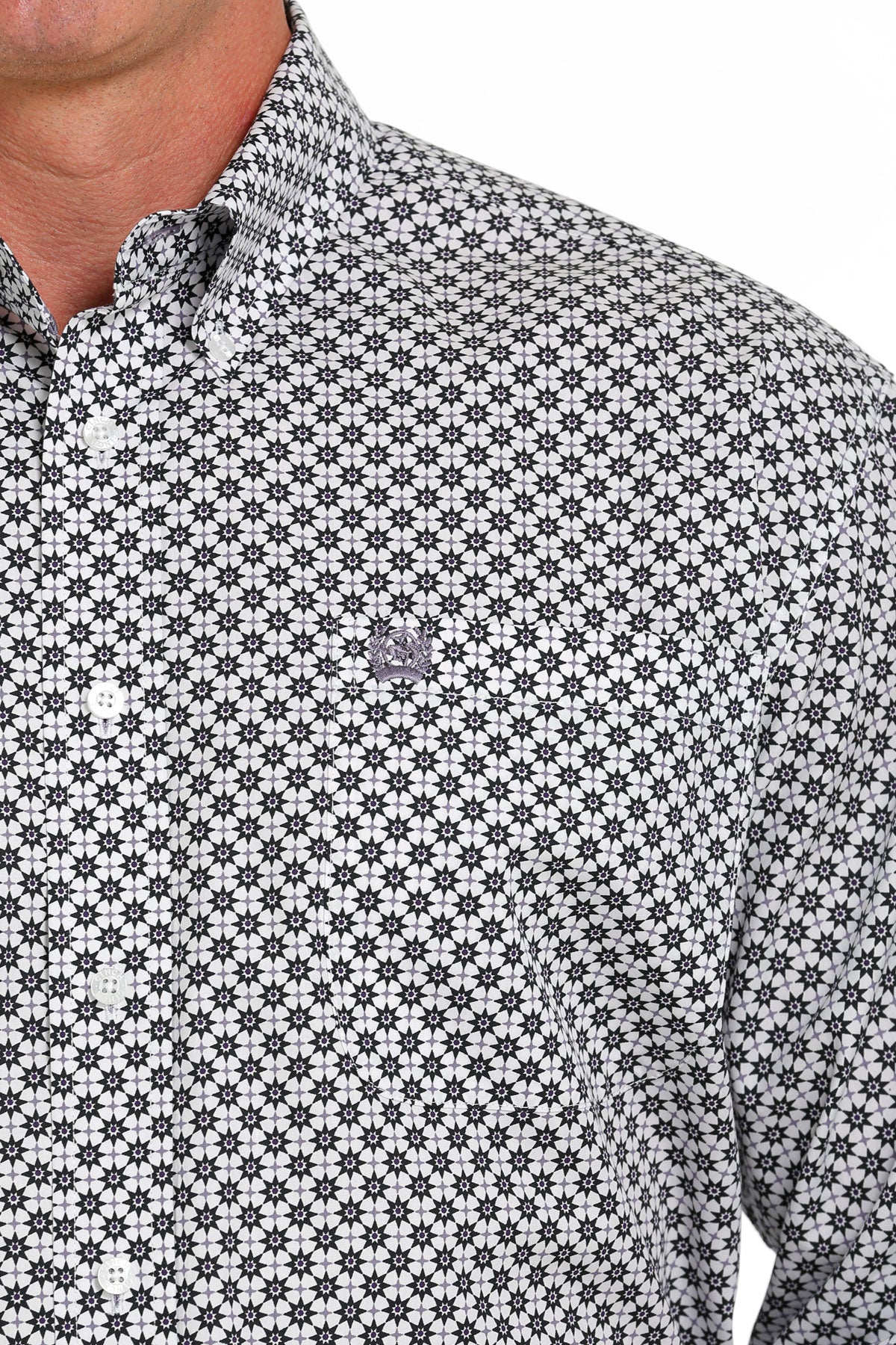 MEN'S GEOMETRIC PRINT BUTTON-DOWN WESTERN SHIRT - WHITE / PURPLE