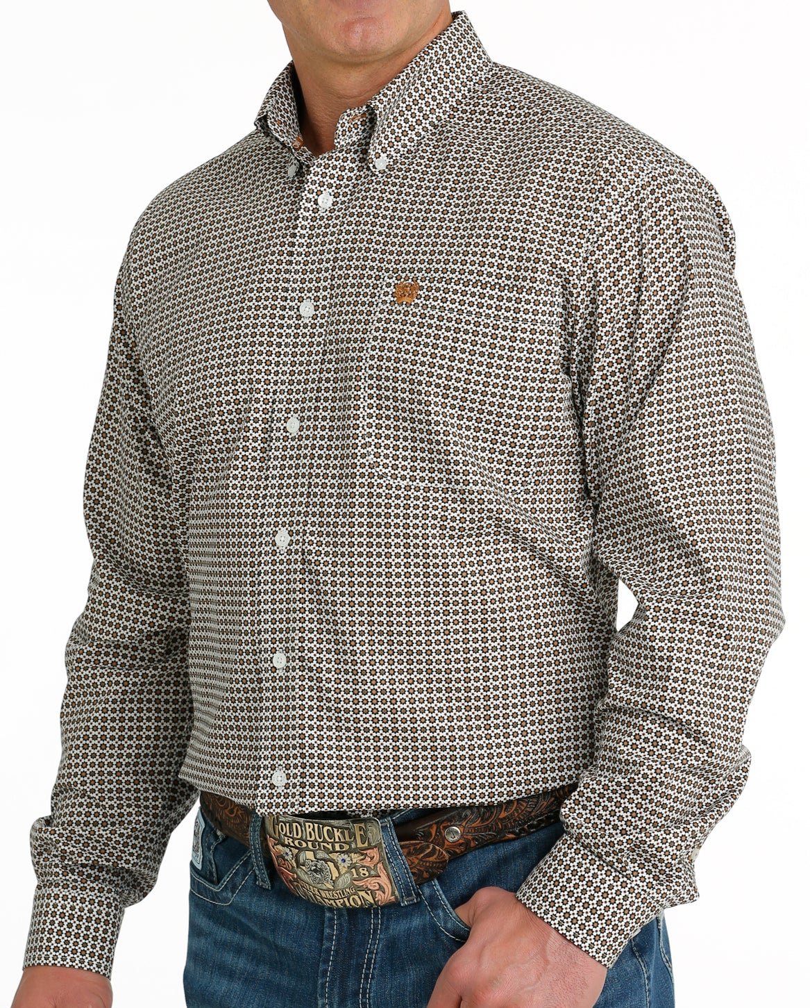 CINCH MEN'S GEOMETRIC PRINT BUTTON-DOWN WESTERN SHIRT - WHITE / GOLD