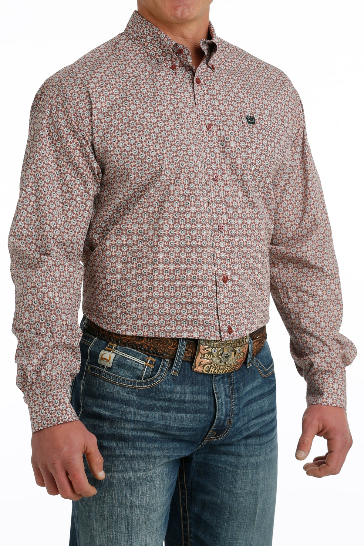 CINCH MEN'S GEO PRINT BUTTON DOWN LONG SLEEVE SHIRT - BURGANDY / WHITE / GOLD
