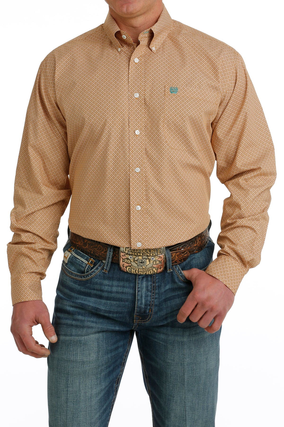 CINCH MEN'S GEO PRINT BUTTON DOWN LONG SLEEVE SHIRT - BROWN / ORANGE