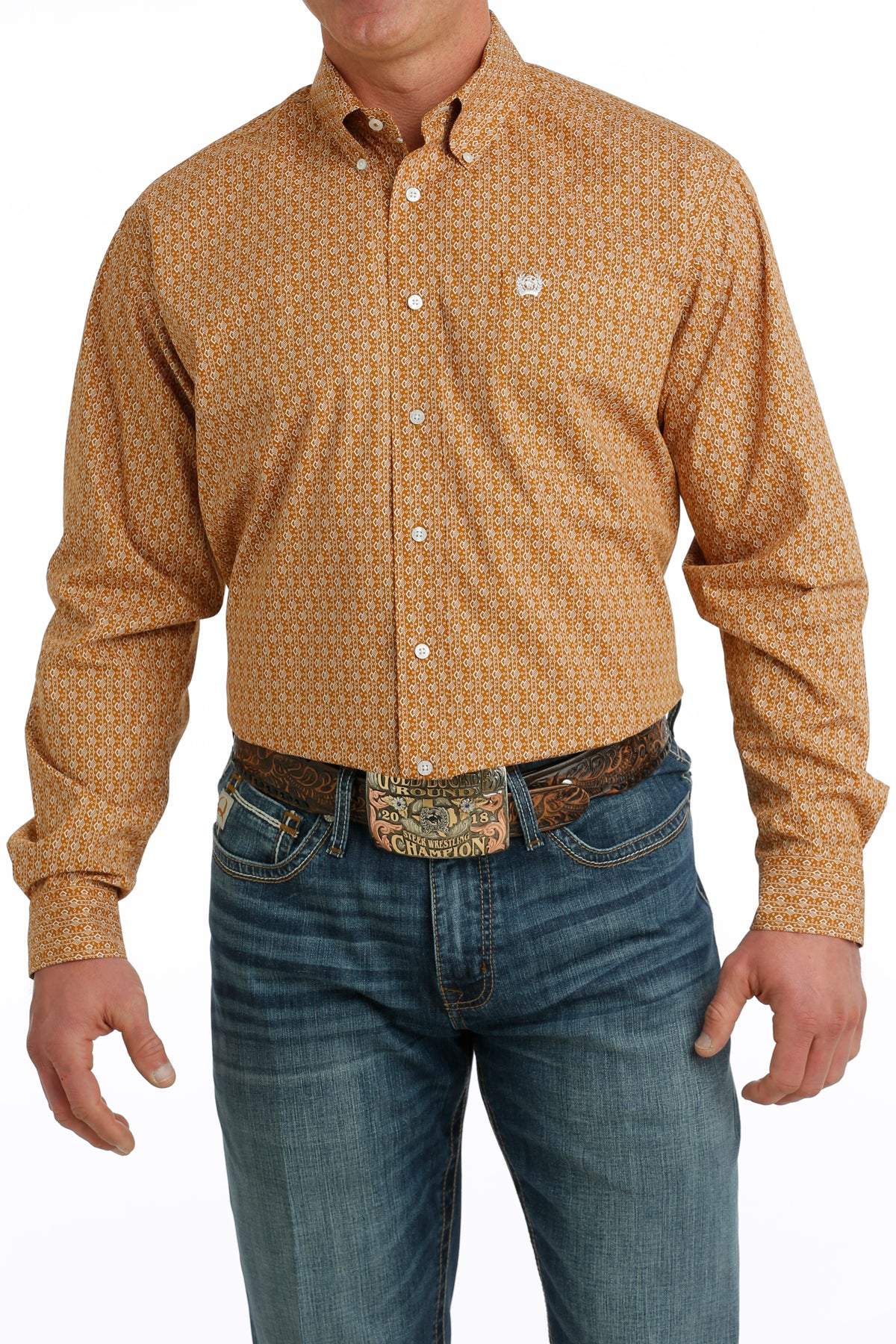 CINCH MEN'S GEOMETRIC PRINT BUTTON-DOWN WESTERN SHIRT - ORANGE / BROWN