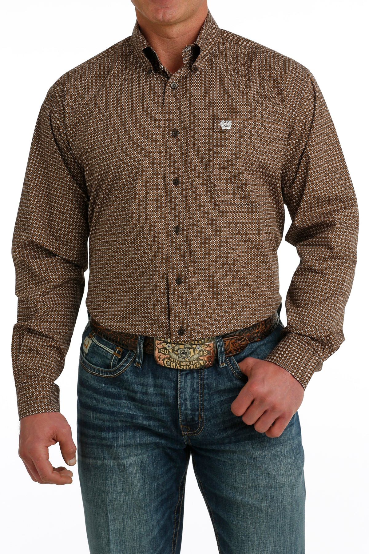 CINCH MEN'S GEOMETRIC PRINT BUTTON-DOWN WESTERN SHIRT -BROWN