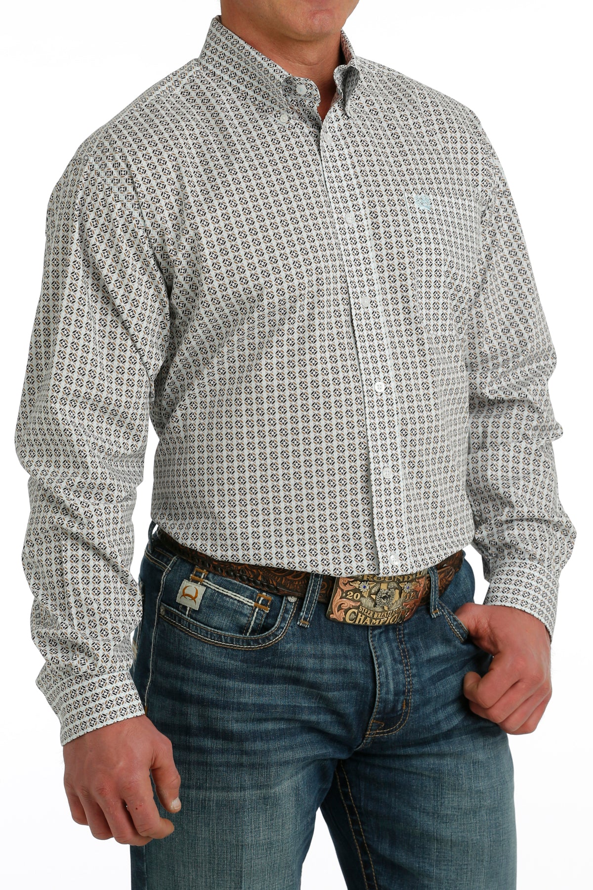 CINCH MEN'S GEOMETRIC PRINT BUTTON-DOWN WESTERN SHIRT - WHITE / TAN