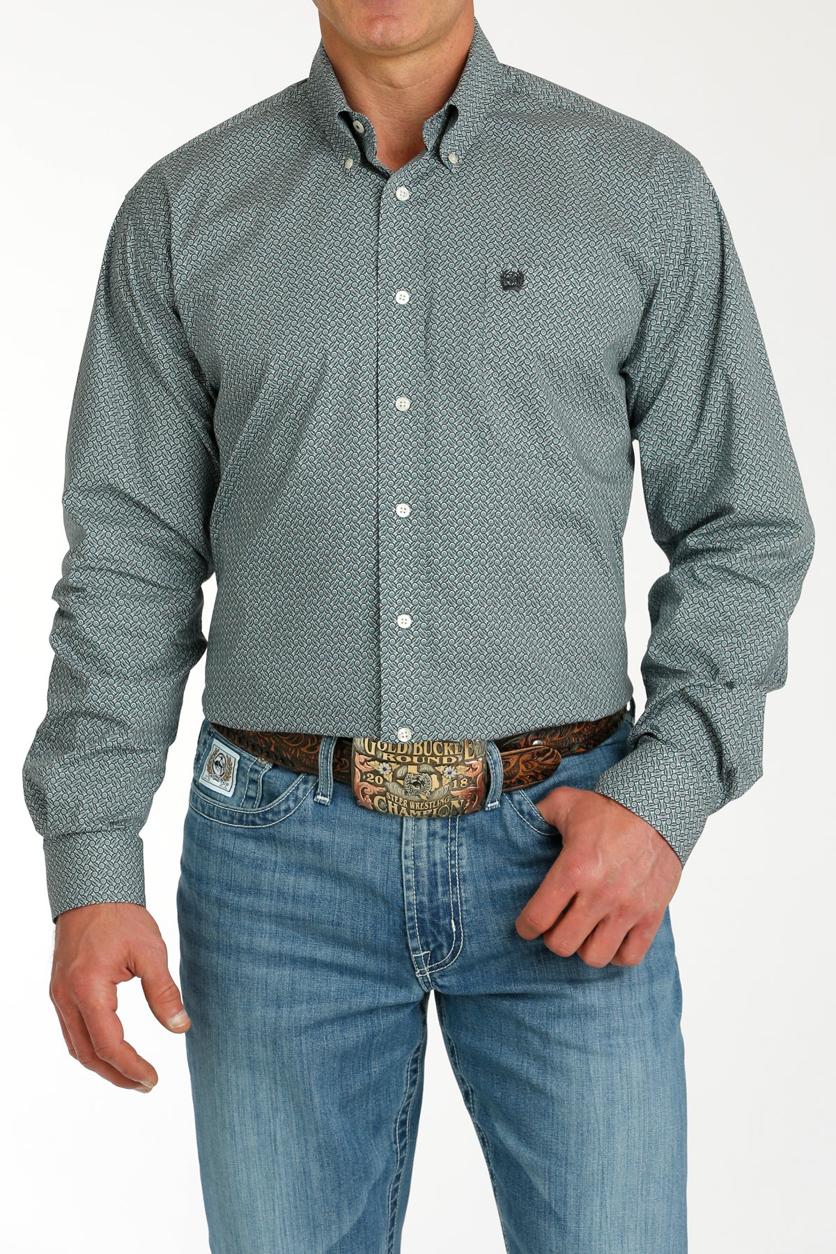CINCH MEN'S STRETCH GEOMETRIC PRINT BUTTON-DOWN WESTERN SHIRT - GREEN / CREAM
