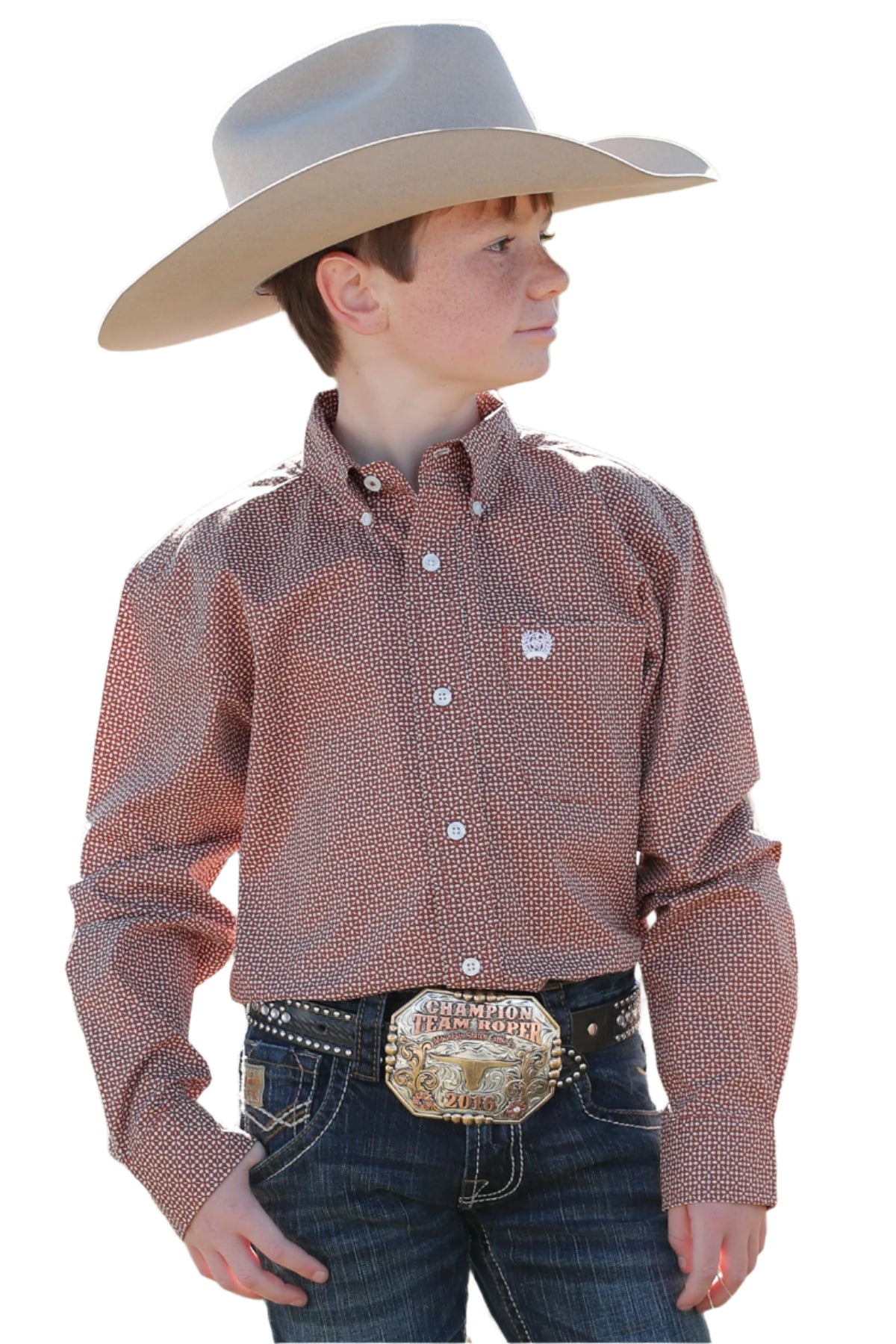 CINCH BOY'S GEOMETRIC PRINT BUTTON-DOWN WESTERN SHIRT - BROWN