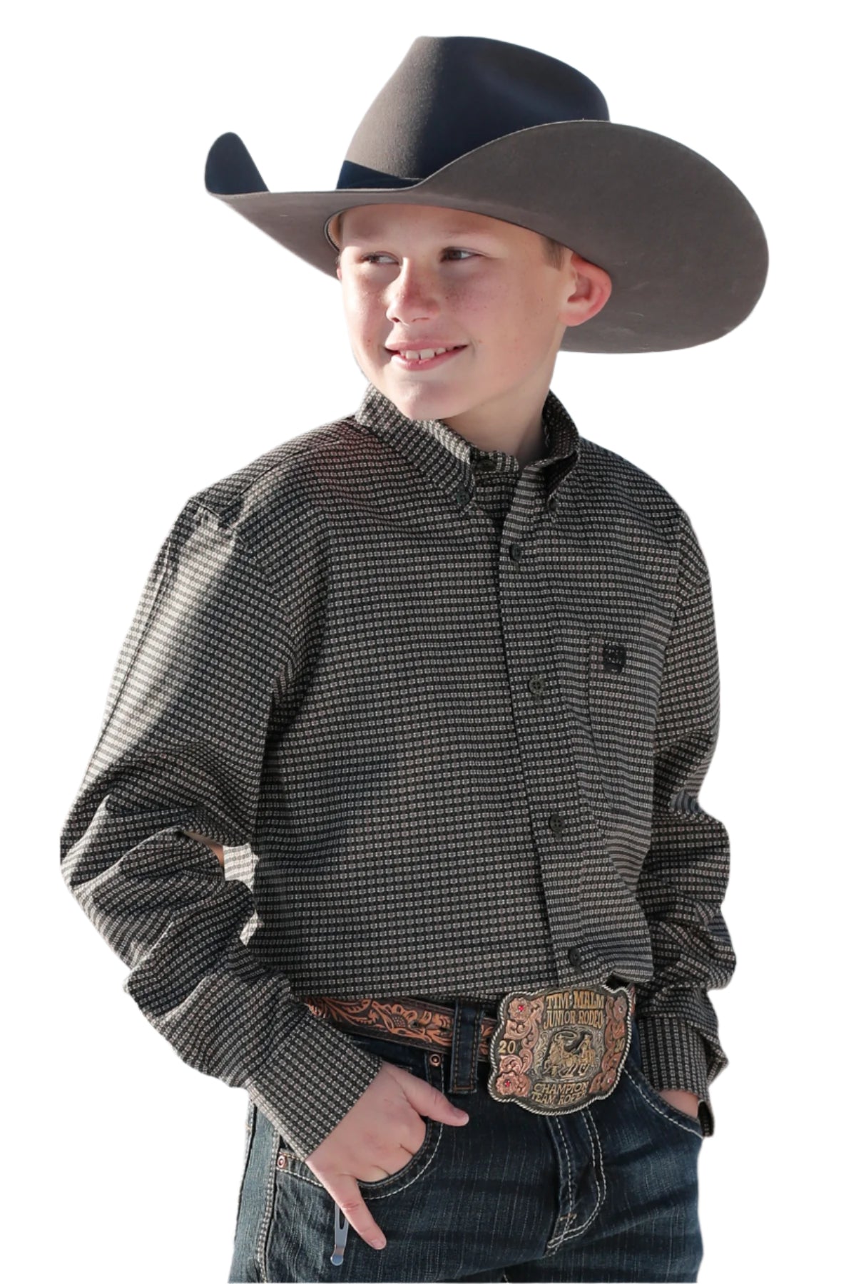 CINCH BOY'S GEOMETRIC PRINT BUTTON-DOWN WESTERN SHIRT - OLIVE