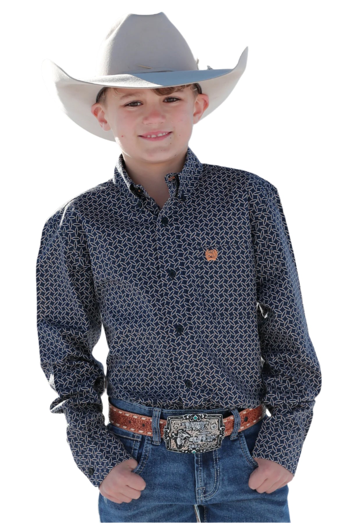 CINCH BOY'S GEOMETRIC PRINT BUTTON-DOWN WESTERN SHIRT - NAVY
