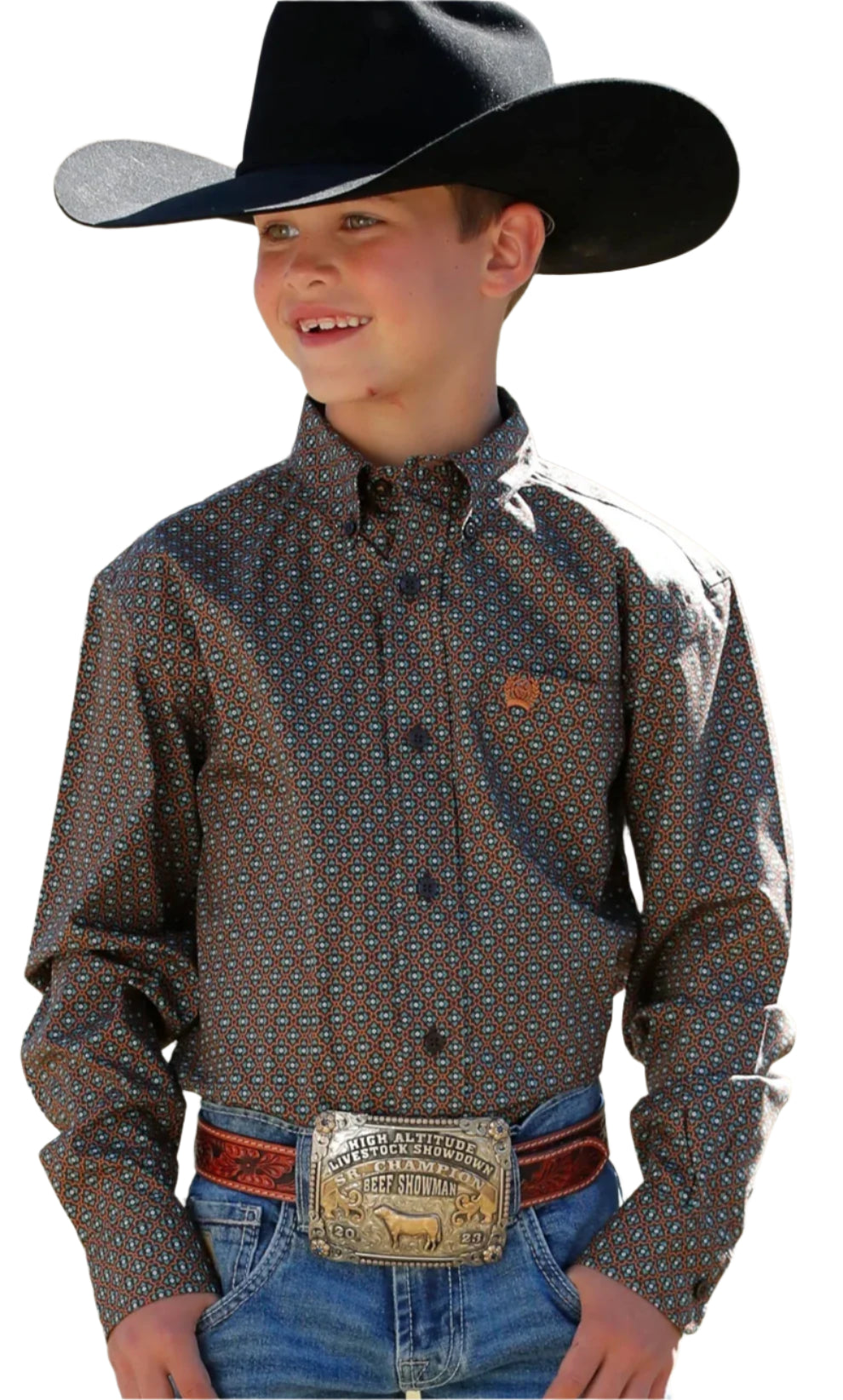 CINCH BOY'S GEO PRINT BUTTON-DOWN WESTERN SHIRT - BROWN