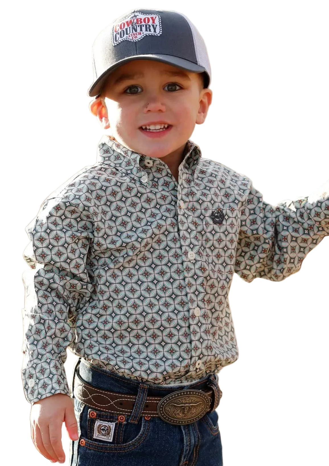 CINCH TODDLER BOY'S CREAM GEO-PRINT BUTTON DOWN SHIRT