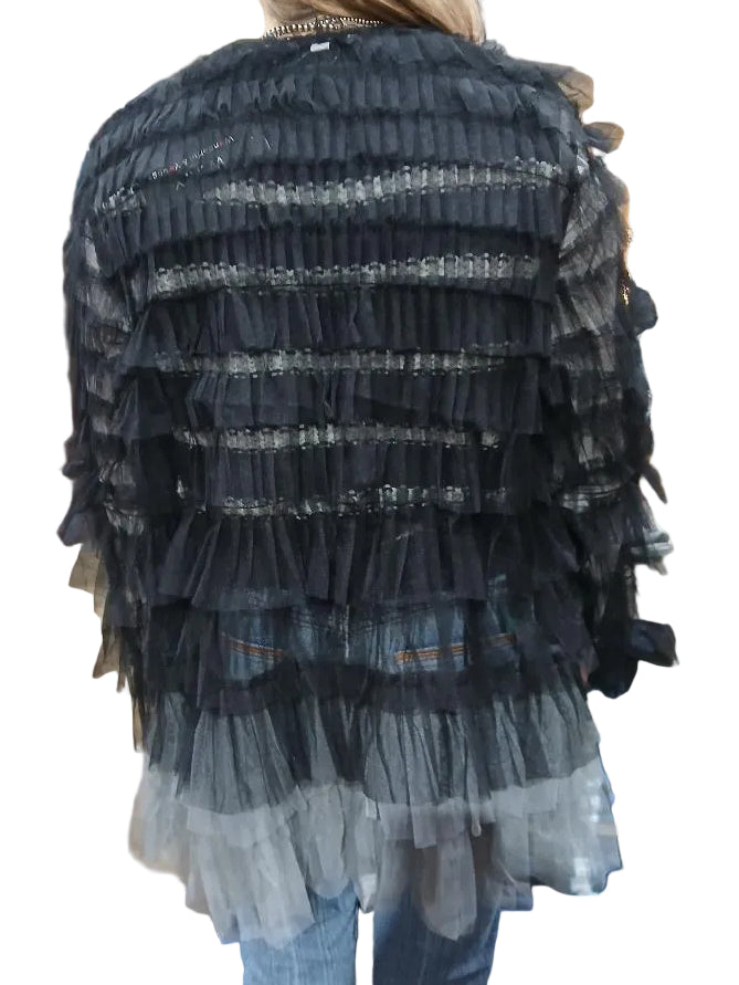W.A.Y. MESH RUFFLE JACKET in BLACK OMBRE
