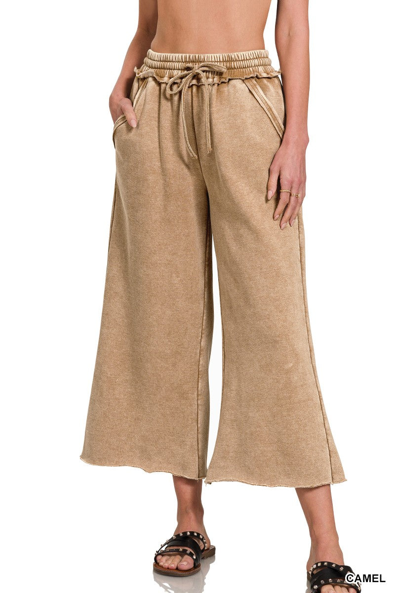 ACID WASH FLEECE CROP PALAZZO SWEATPANTS WITH POCKETS 4 COLORS
