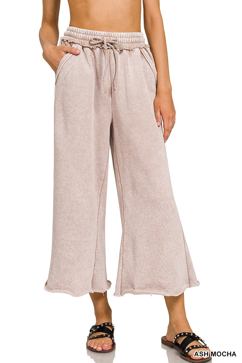 ACID WASH FLEECE CROP PALAZZO SWEATPANTS WITH POCKETS 4 COLORS