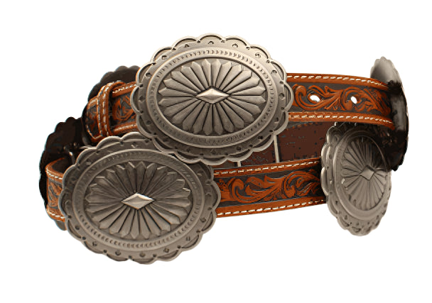 ARIAT LADIES TOOLED FLORAL BELT TAN WITH CONCHOS