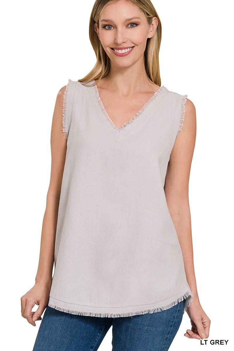 LINEN FRAYED EDGE V-NECK SLEEVELESS TOP in LT GREY