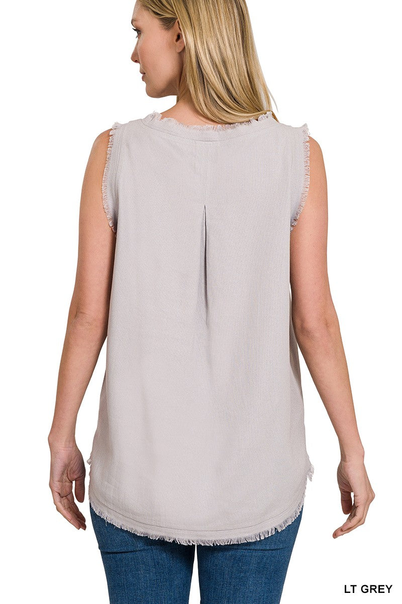 LINEN FRAYED EDGE V-NECK SLEEVELESS TOP in LT GREY