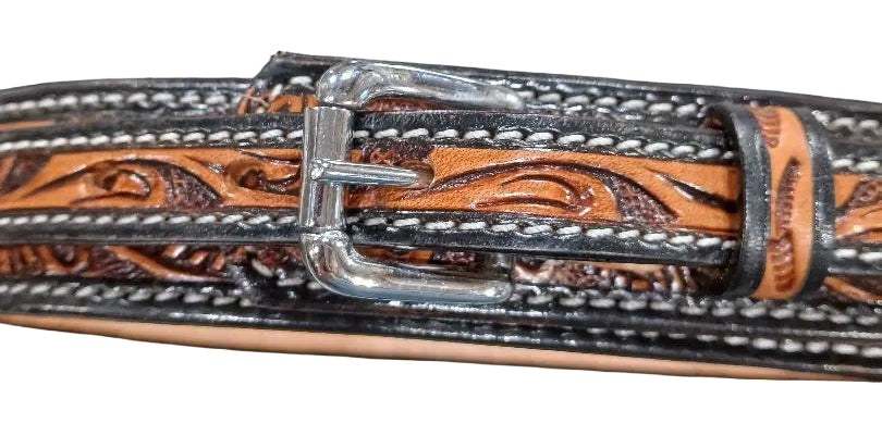 WESTERN 1 1/2" FLORAL TOOLED RANGER BELT - TAN/BLACK