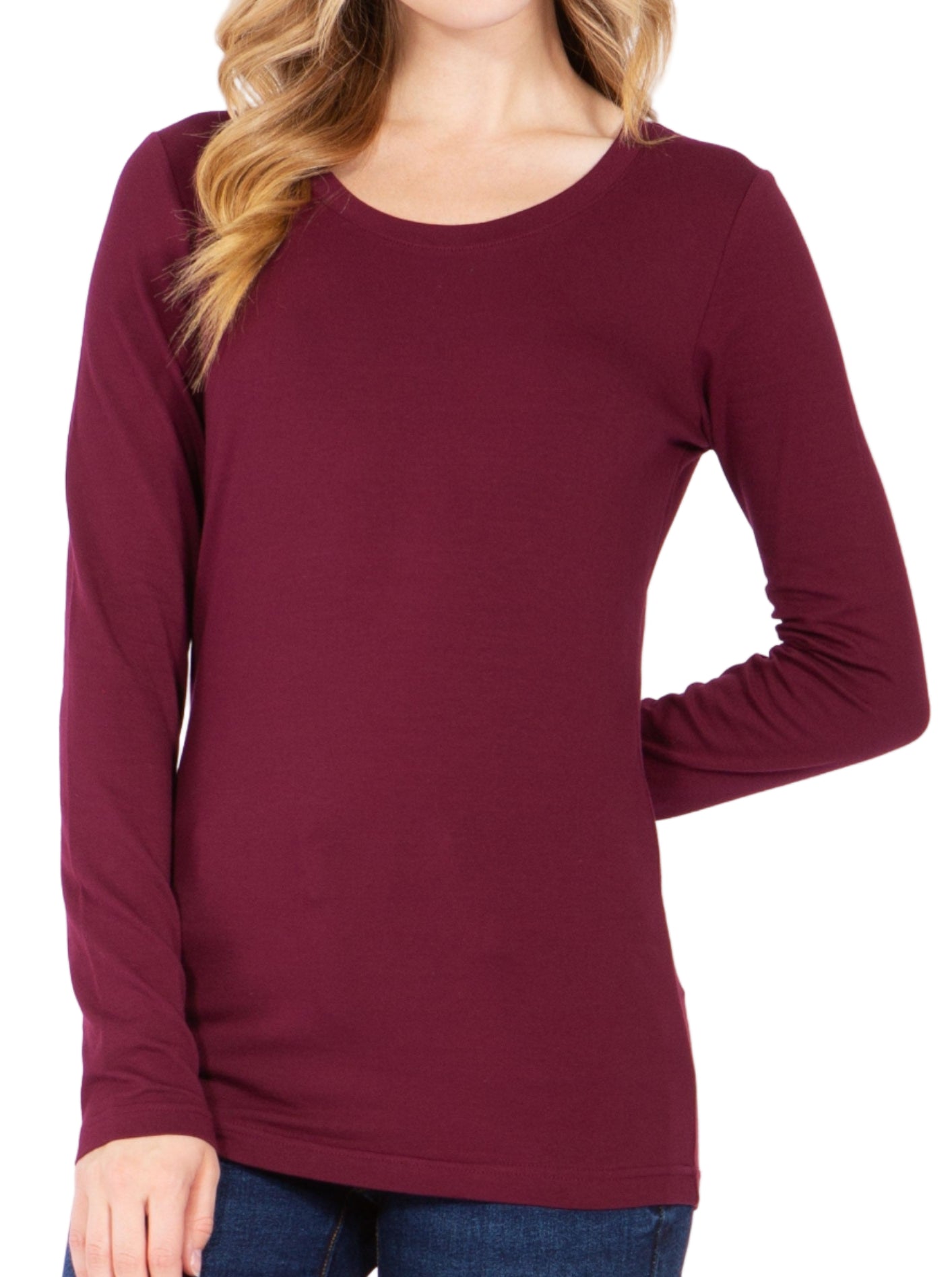 ROUND NECK LONG SLEEVE TEE in BURGUNDY