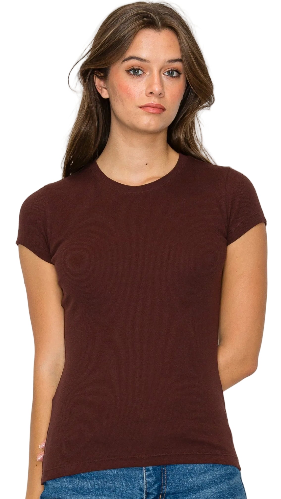 SHORT SLEEVE MINI RIBBED TEE in BROWN