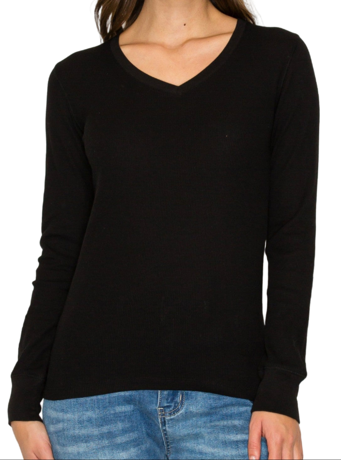 LADIES PLUS SIZE V-NECK WAFFLE KNIT TOP in BLACK