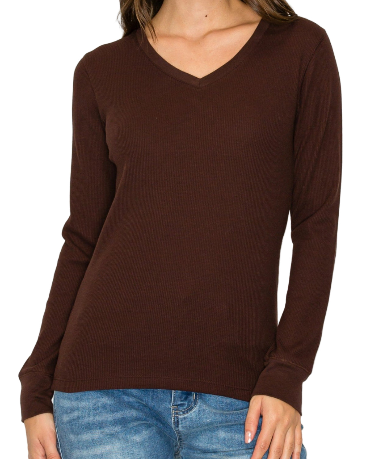 LADIES PLUS SIZE V-NECK WAFFLE KNIT TOP in BROWN