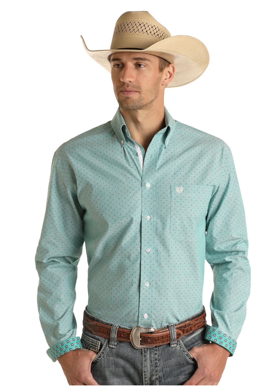 PANHANDLE ROUGH STOCK REGULAR FIT GEO LONG SLEEVE BUTTON SHIRT - TURQ