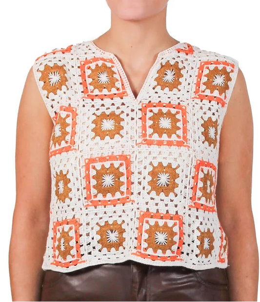 GRANNY SQUARE CROCHET PULL-OVER VEST in NATURAL, RUST and BROWN