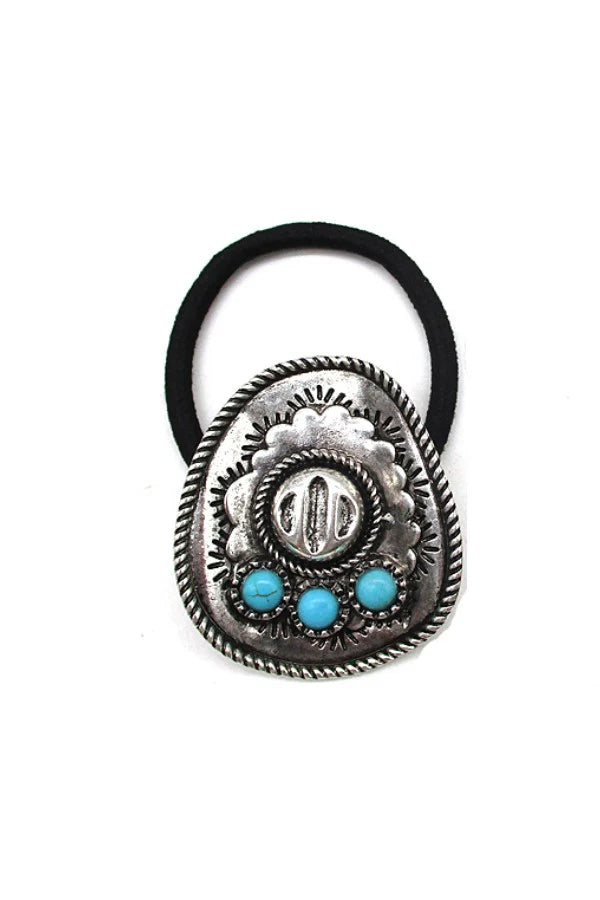 WESTERN COWBOY HAT STYLE WITH TURQUOISE STONE DETAIL HAIR TIE
