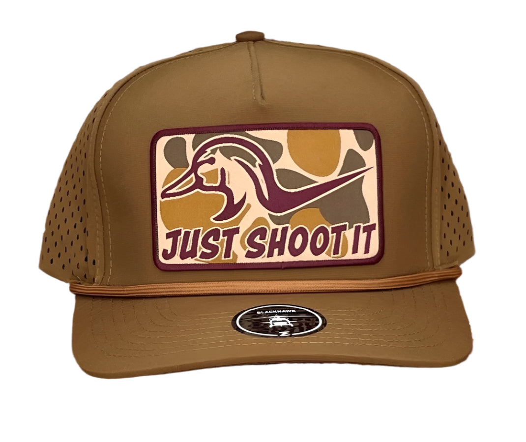 "JUST SHOOT IT"CAMO PATCH CAP in CARMEL MESH SNAPBACK