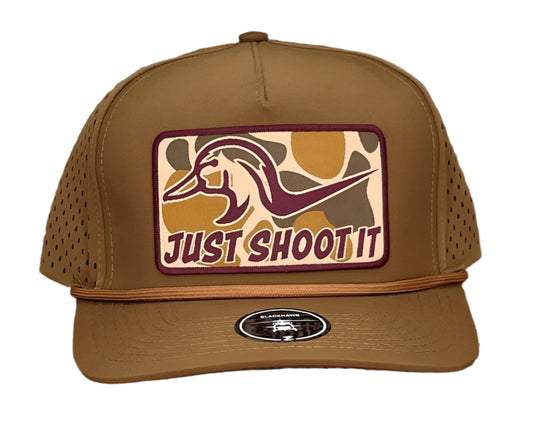 "JUST SHOOT IT"CAMO PATCH CAP in CARMEL MESH SNAPBACK