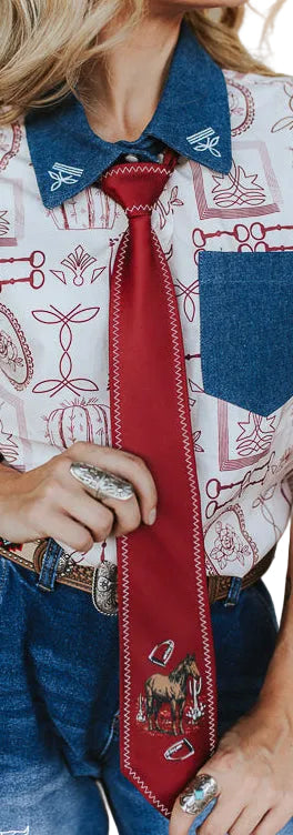 BURGUNDY EMBROIDERED HORSE TIE W/ STITCHED BORDER