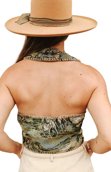 JACQUARD MULTI GREEN HORSE PRINT BUCK STITCH TIE FRONT HALTER TOP