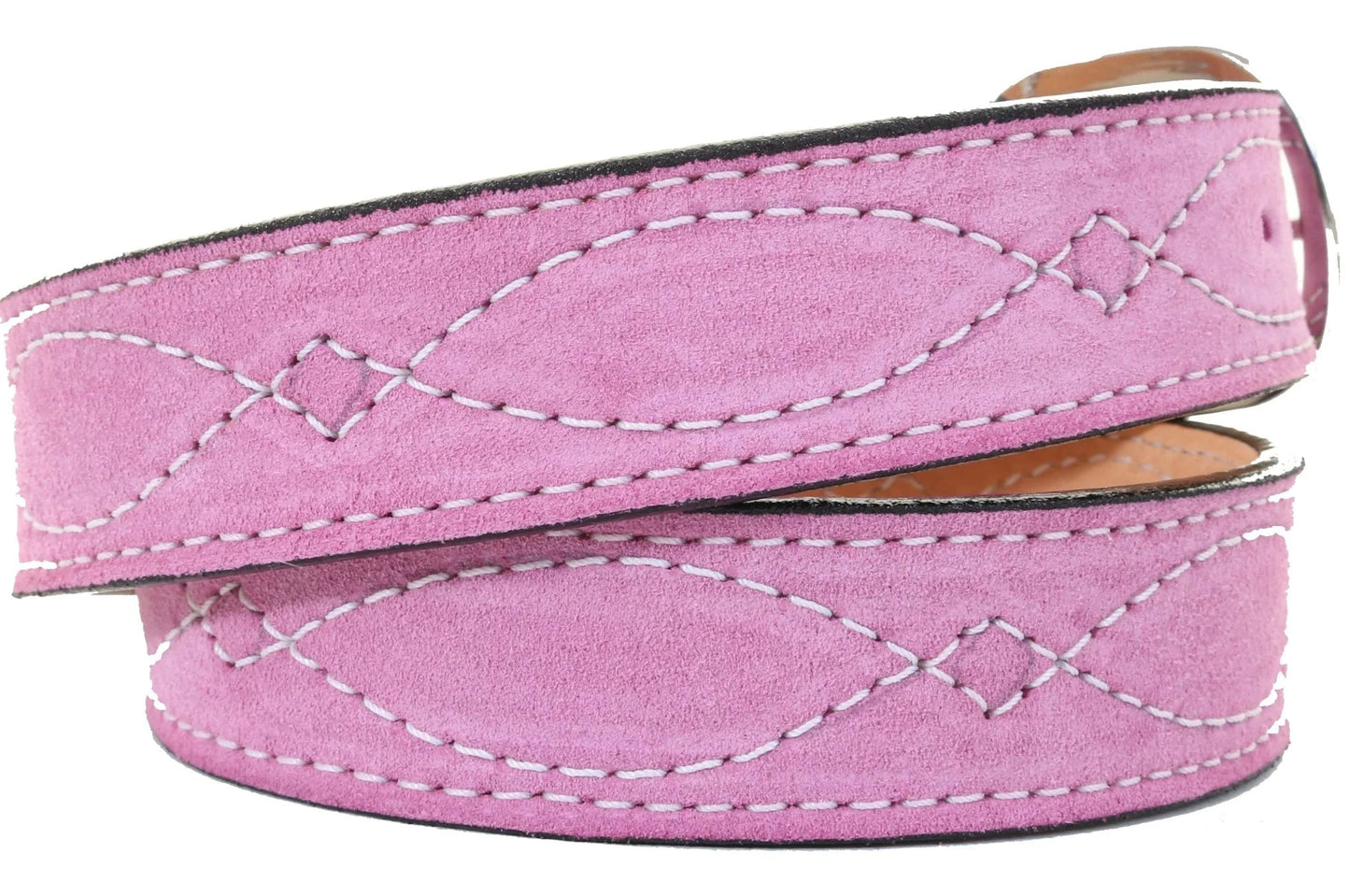 LADIES' PINK SUEDE BELT WITH WHITE STITCHING
