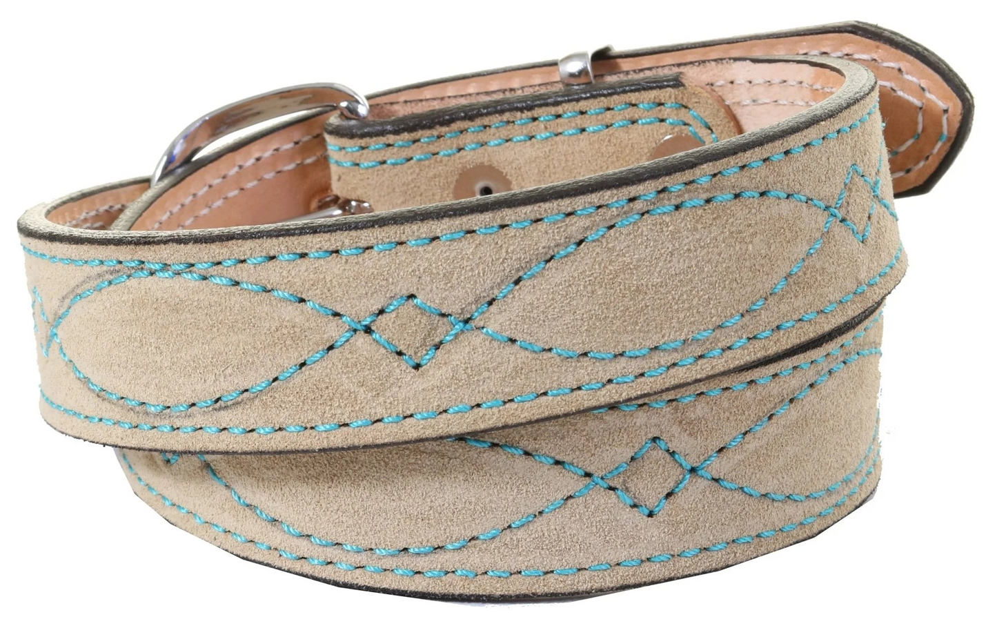 1 1/2" STRAIGHT SUEDE BELT - SAND W/TURQUOISE STITCHING
