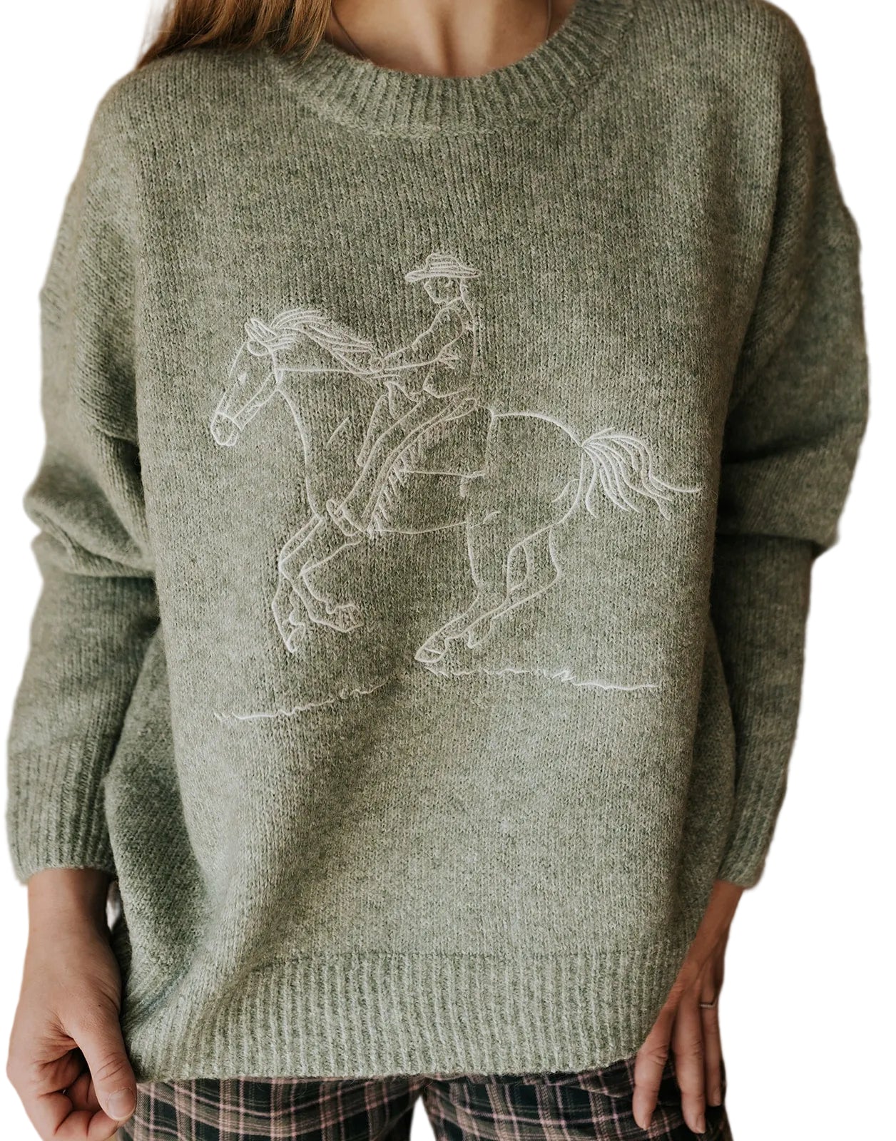 EMBROIDERED COWBOY KNIT PULLOVER SWEATER in BASIL
