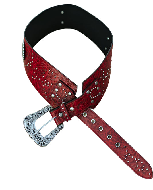 RED TOOLED LEATHER STUDDED WIDE CONCHO BELT