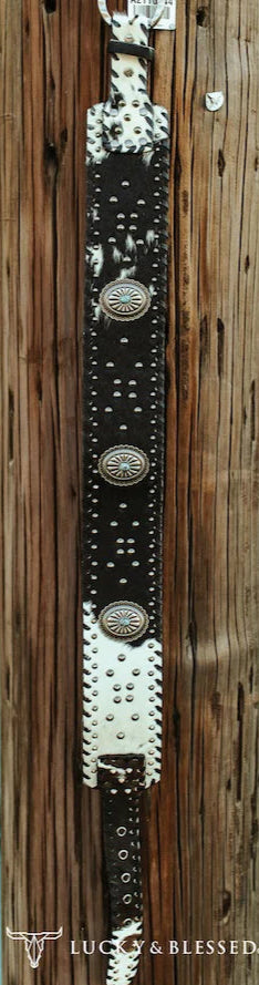 LADIES WIDE COWHIDE BELT WITH STUDS AND CONCHOS