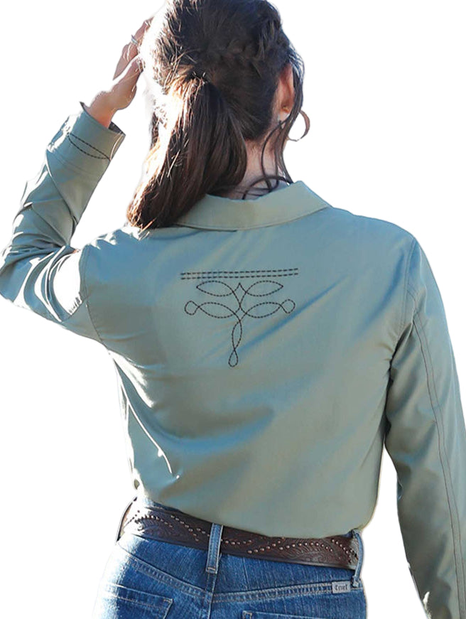WOMEN'S CRUEL GIRL LONG SLEEVE SOLID GREEN WESTERN BOOTSTITCH SHIRT