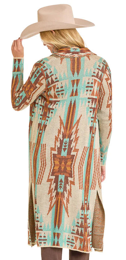 ROCK AND ROLL MULTICOLOR AZTEC PRINT KNIT DUSTER - NATURAL