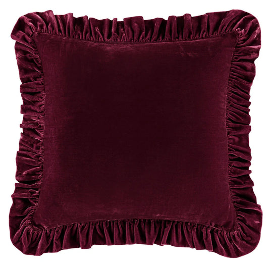 STELLA FAUX SILK VELVET RUFFLED EURO PILLOW SHAM in GARNET RED