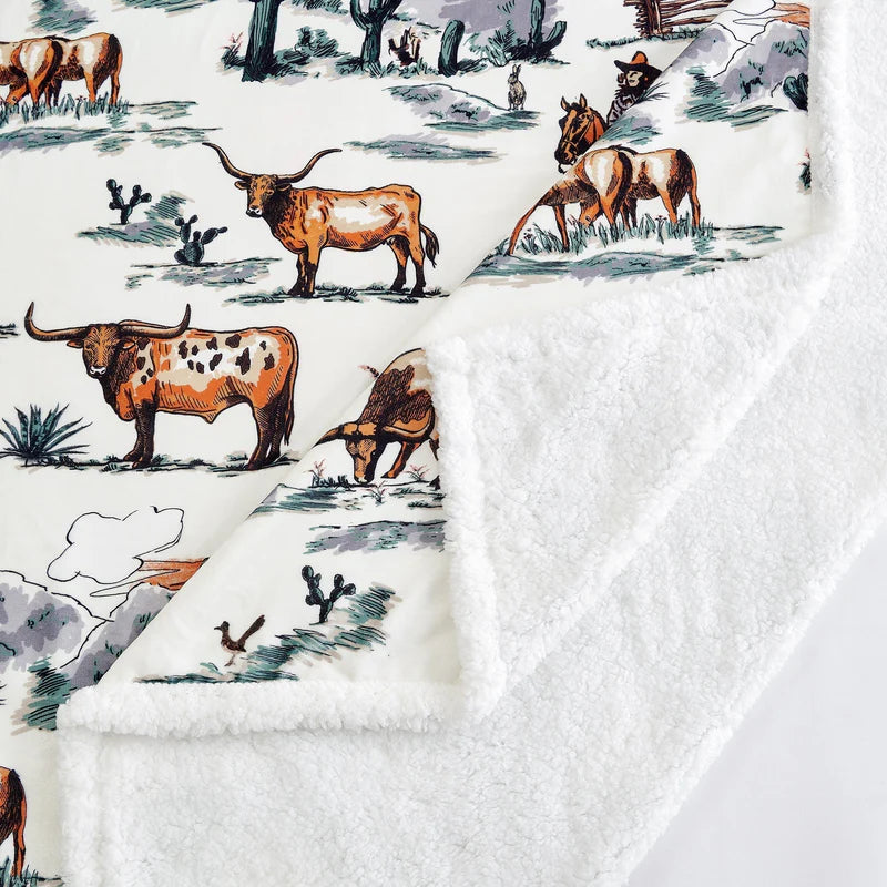 RANCH LIFE WESTERN TOILE CAMPFIRE SHERPA THROW BLANKET