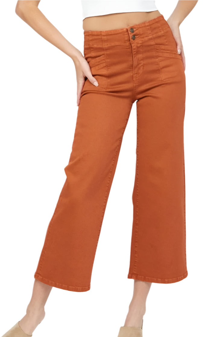 SUPER HIGH RISE WIDE CROP W/ DOUBLE BUTTON in PENNY