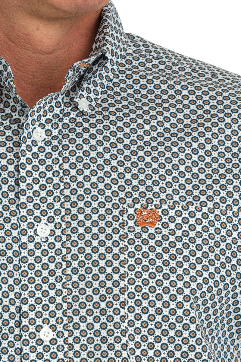 CINCH MEN'S GEOMETRIC PRINT BUTTON-DOWN WESTERN SHIRT - WHITE/TEAL/ORANGE