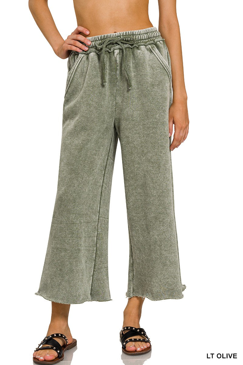 ACID WASH FLEECE CROP PALAZZO SWEATPANTS WITH POCKETS 4 COLORS