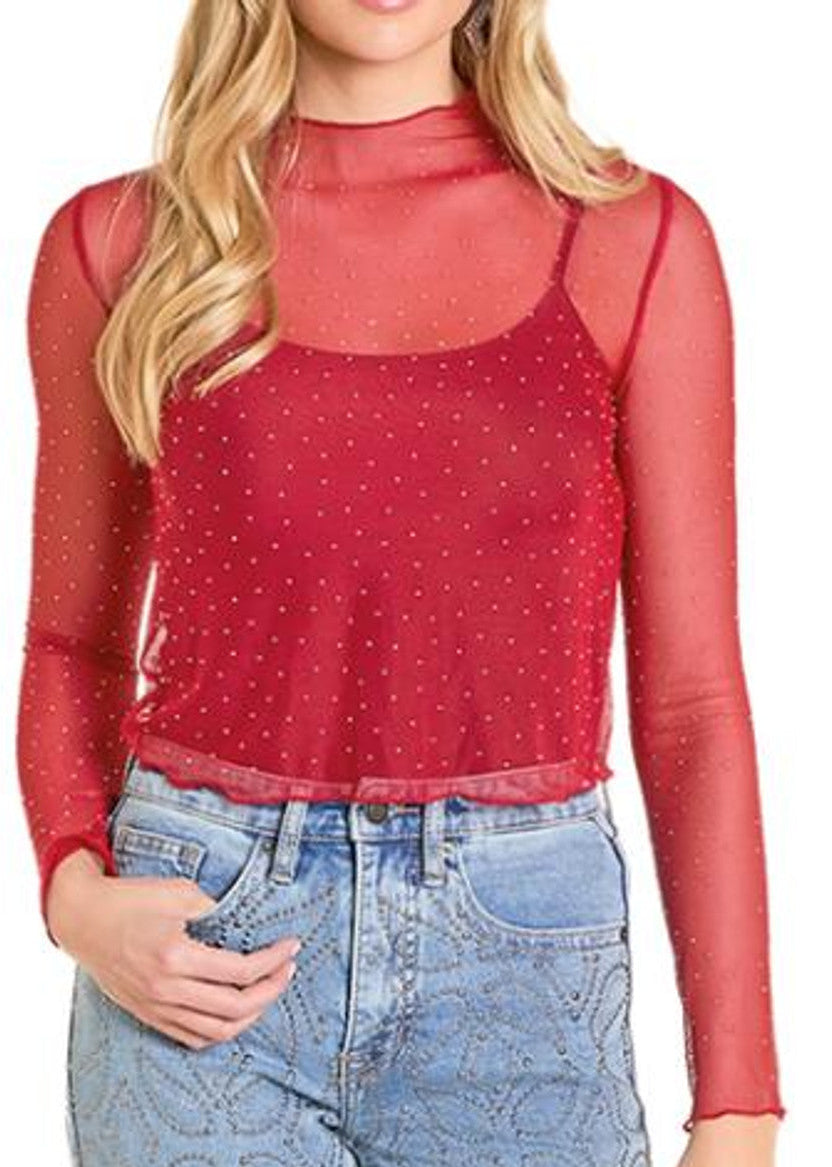 ROCK AND ROLL DENIM RHINESTONE MESH TOP in SCARLET