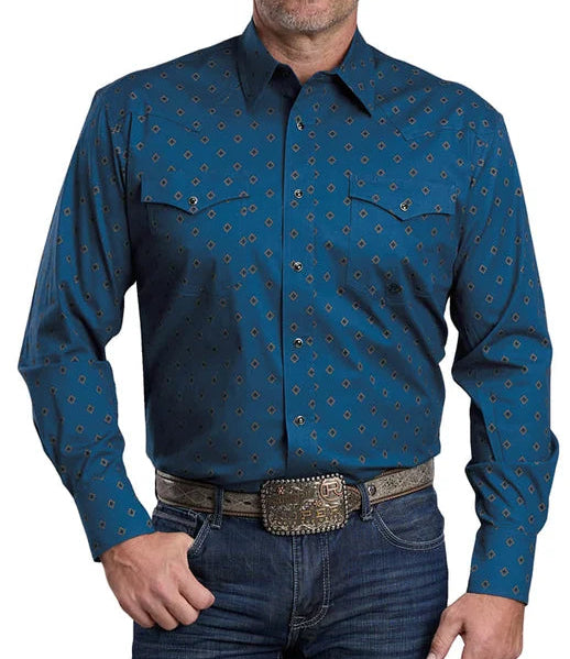 ROPER APPAREL MEN'S LONG SLEEVE STRETCH POPLIN SHIRT in BLUE