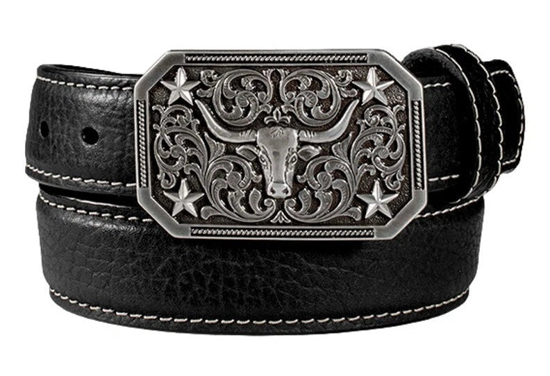 BOY'S 3D WESTERN BLACK LEATHER BELT with LONGHORN BUCKLE