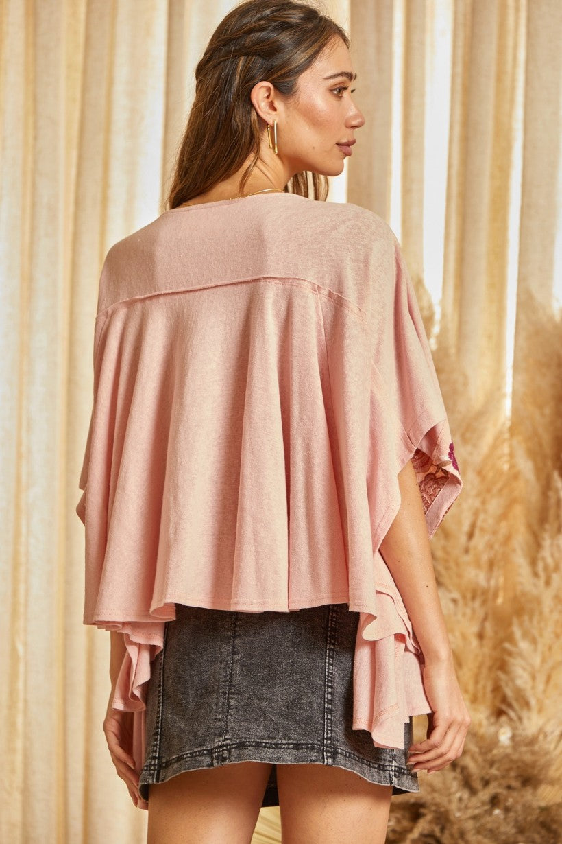 PLUS SIZE SAVANNA JANE EMBROIDERED KNIT PONCHO TOP in DUSTY ROSE