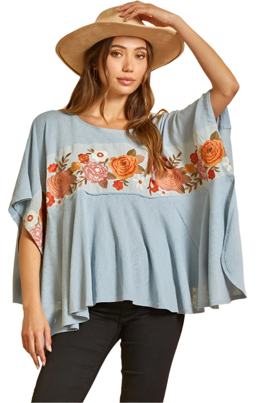 PLUS SIZE SAVANNA JANE EMBROIDERED KNIT PONCHO TOP in DUSTY BLUE