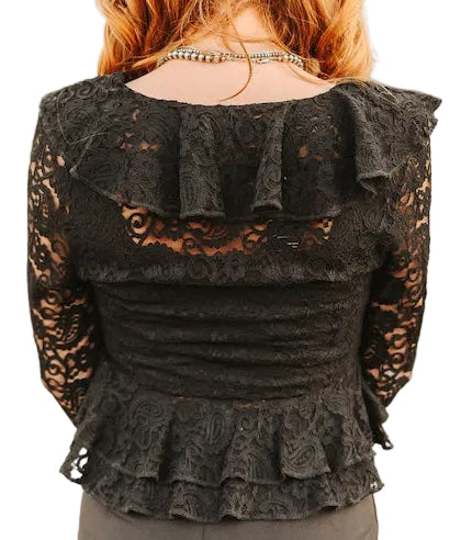 BLACK CROCHET LACE RUFFLE LONG SLEEVE FRONT TIE SHAWL TOP